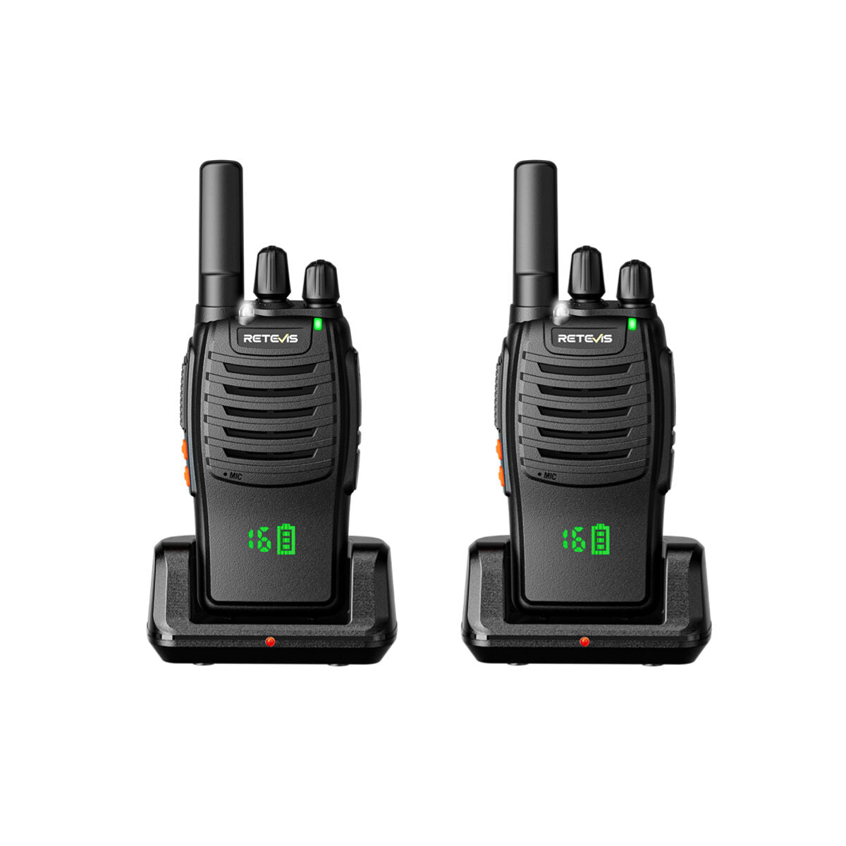 Two black walkie-talkies with charging bases.