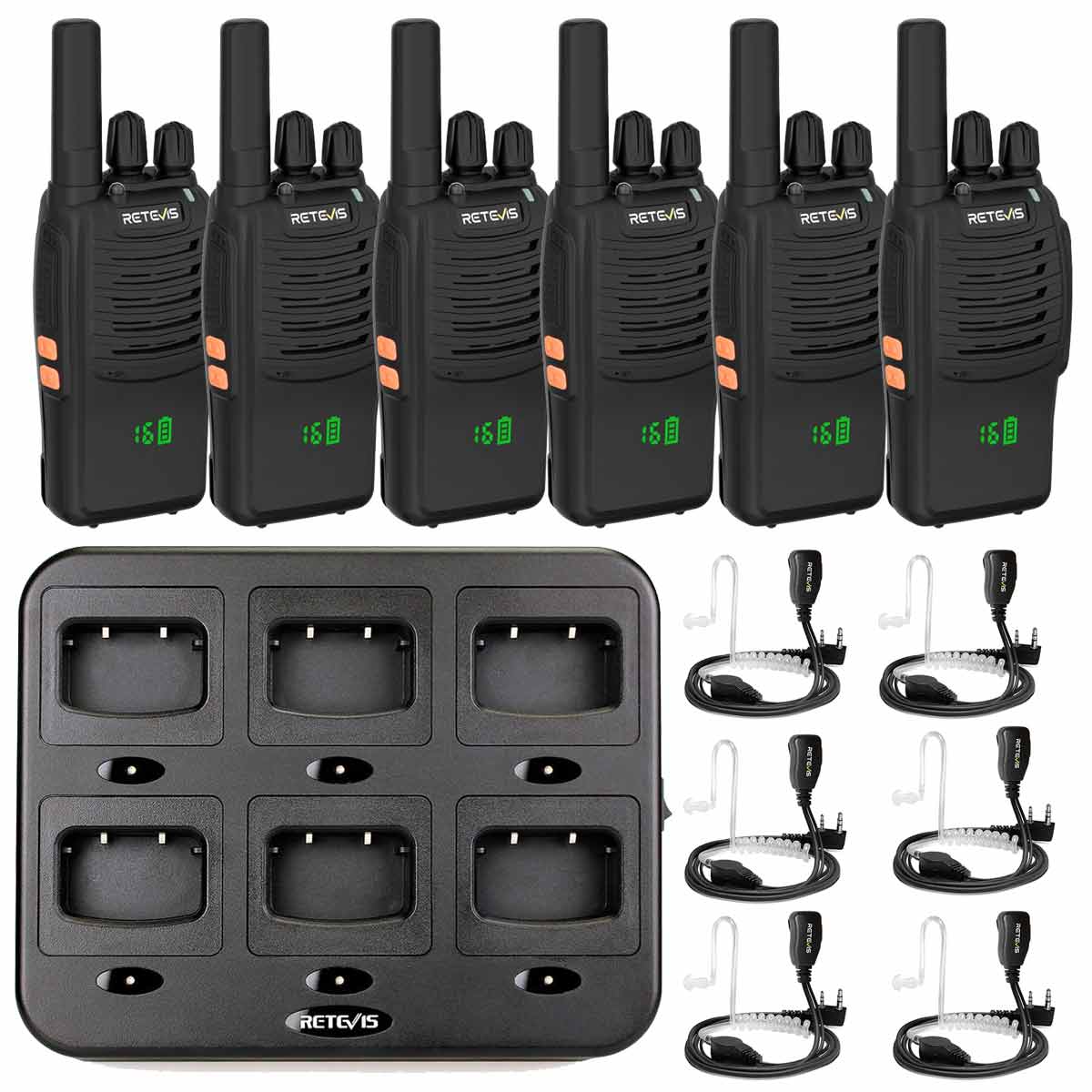 A set of six black two-way radios with a multi-unit charger and six earbud headsets.