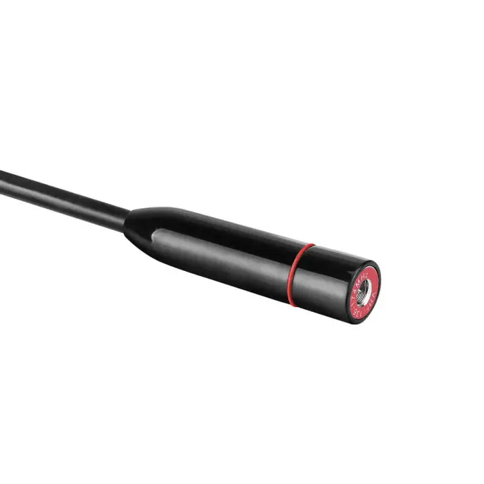 Black microphone with red accents.