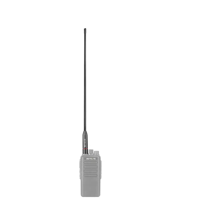 Gray walkie-talkie with antenna.
