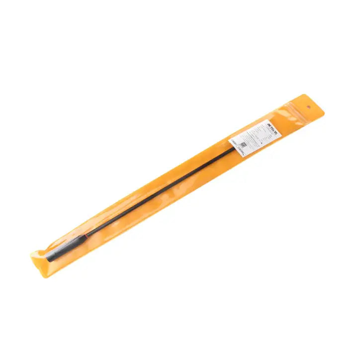 Long black antenna in yellow packaging.