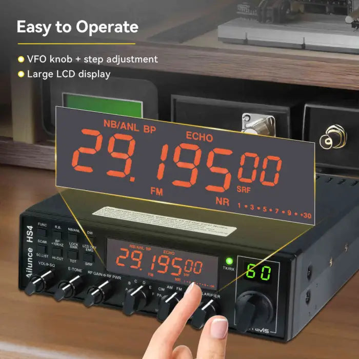 Black radio transceiver with digital display.