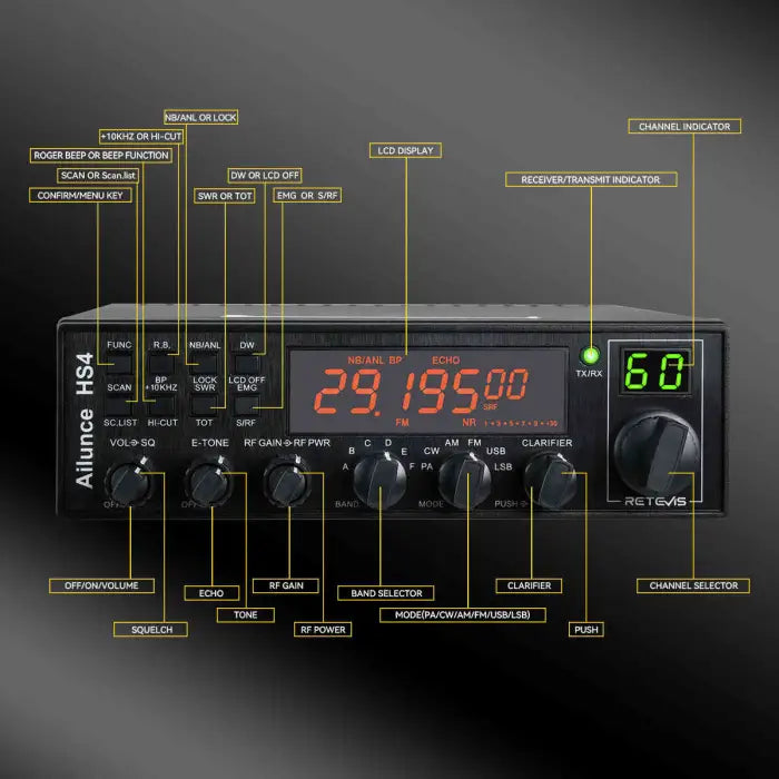 Black CB radio with labeled controls.