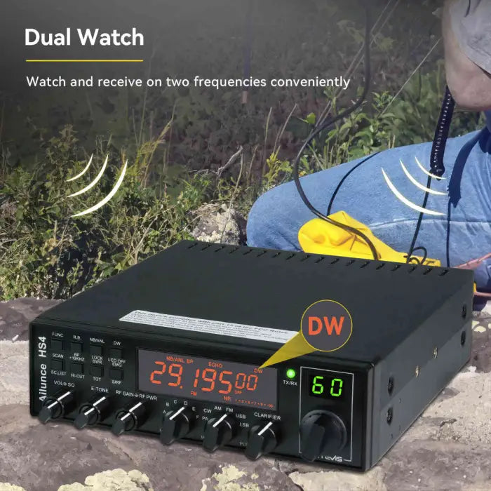 Black radio transceiver with digital display.