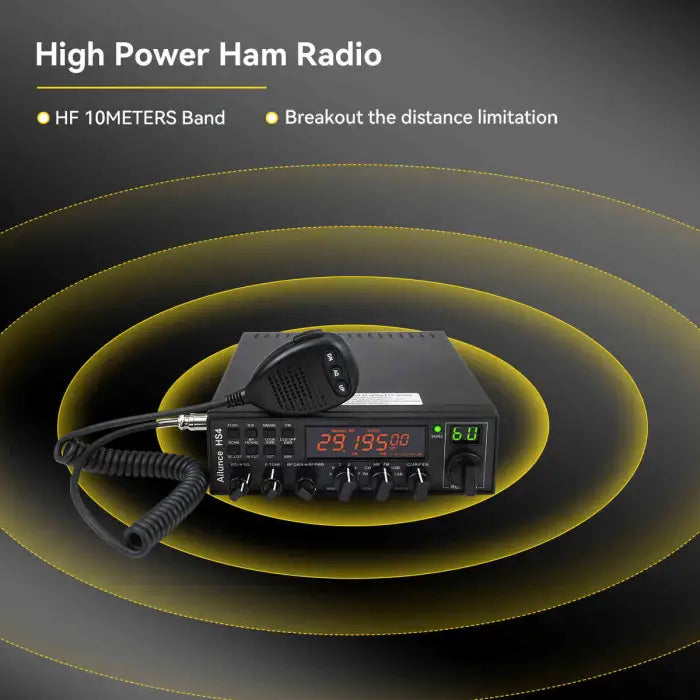 Black ham radio transceiver with microphone.