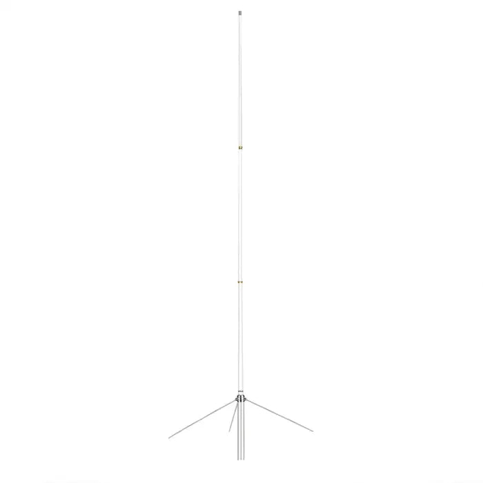 Tall, white, telescoping antenna with tripod base.