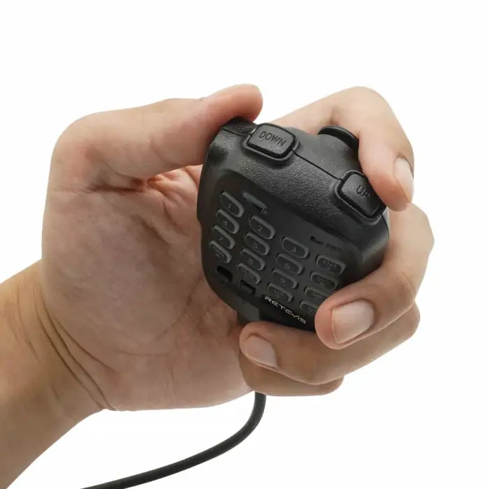 Handheld black speaker microphone.
