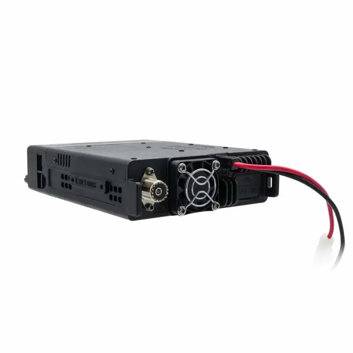 Black two-way radio with cooling fan.