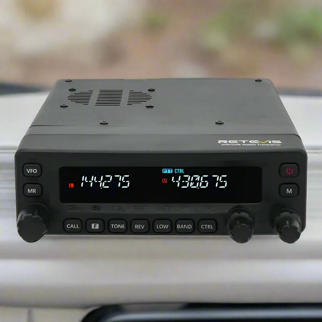 Black mobile two-way radio transceiver.