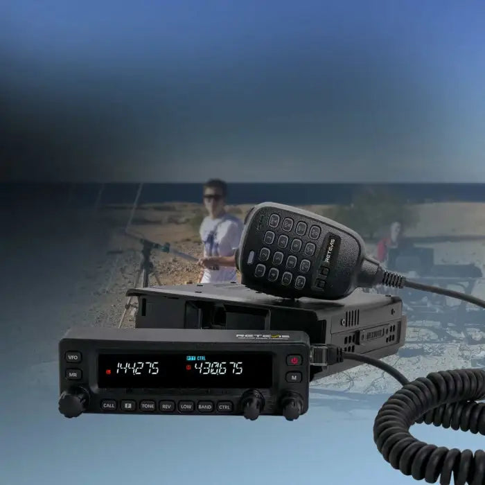 Black two-way radio with microphone.
