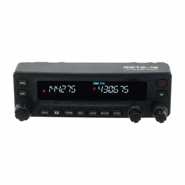 Black dual-band mobile transceiver.