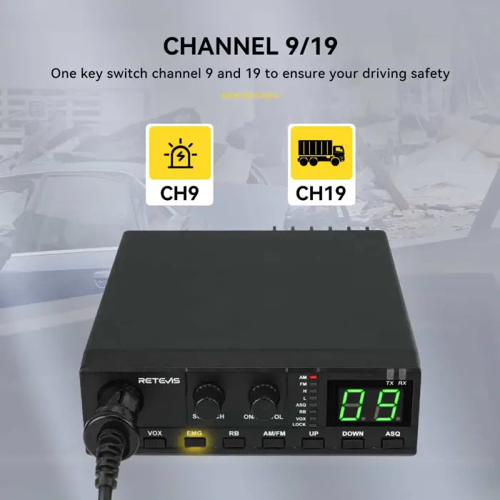 Black CB radio with digital display.