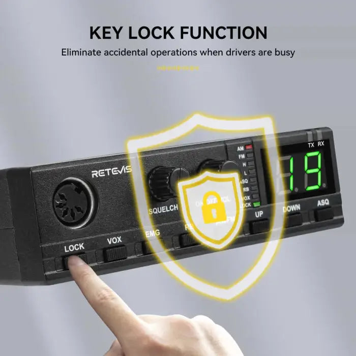 Black CB radio with key lock function.
