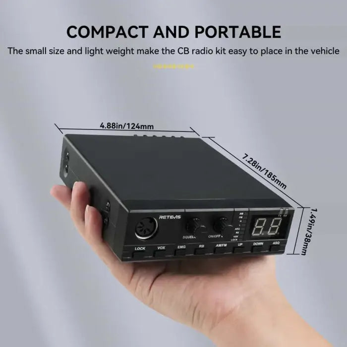 Compact black CB radio kit.