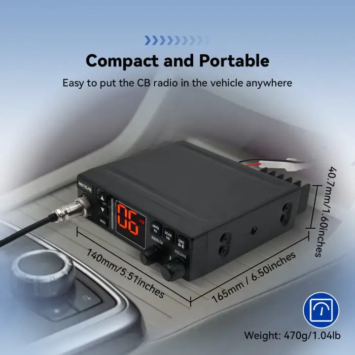 Compact black CB radio with dimensions and weight.