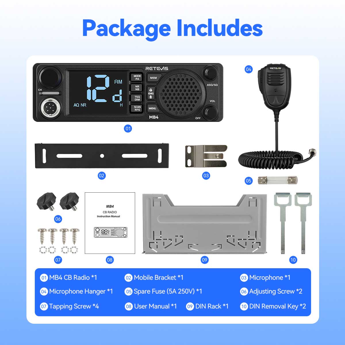 Retevis MB4 AM/FM Professional DIN-Size CB Radio (Special Order)