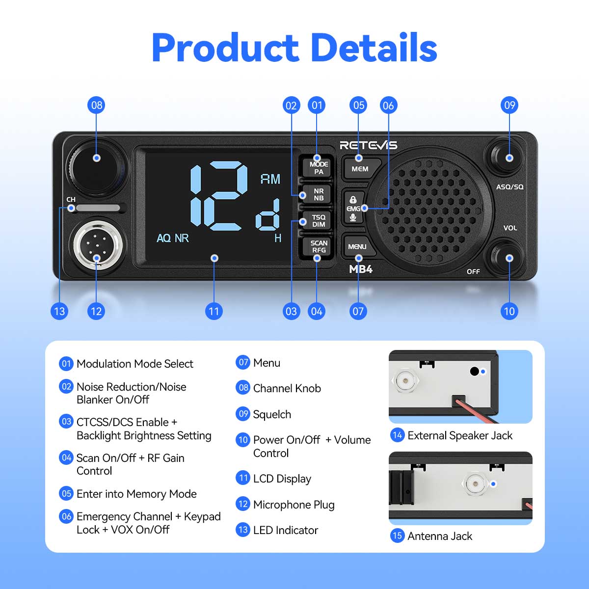 Retevis MB4 AM/FM Professional DIN-Size CB Radio (Special Order)