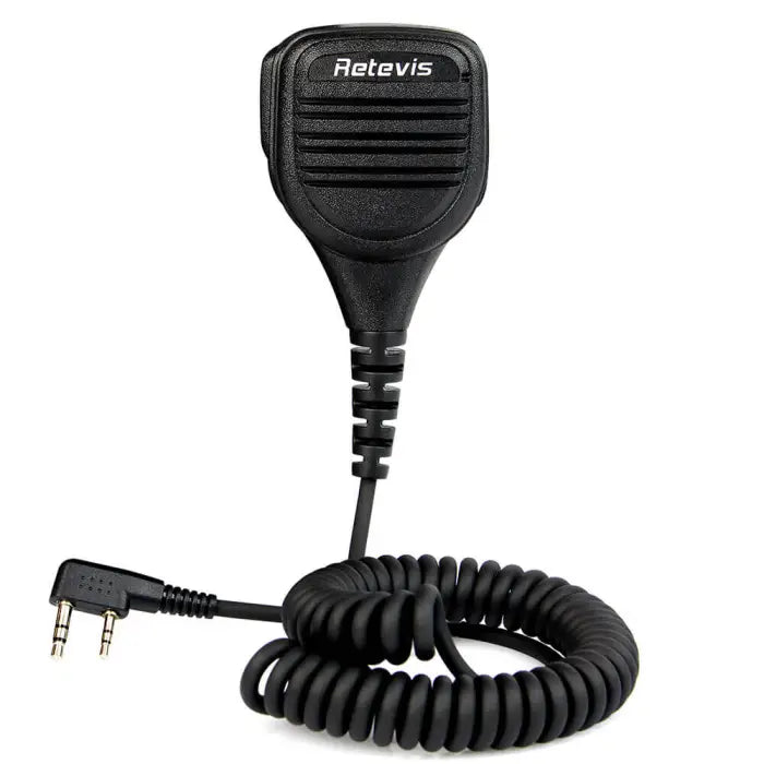 Black speaker microphone with coiled cord.