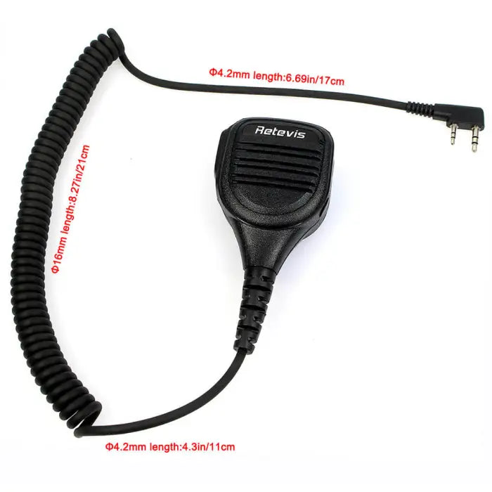 Black Retevis speaker microphone with coiled cord and two-prong plug.