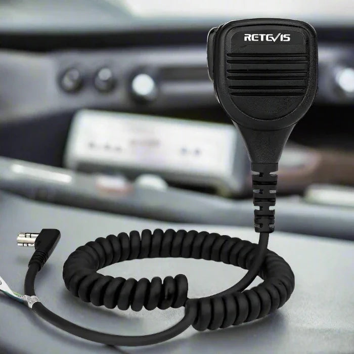 Black coiled microphone with plug.