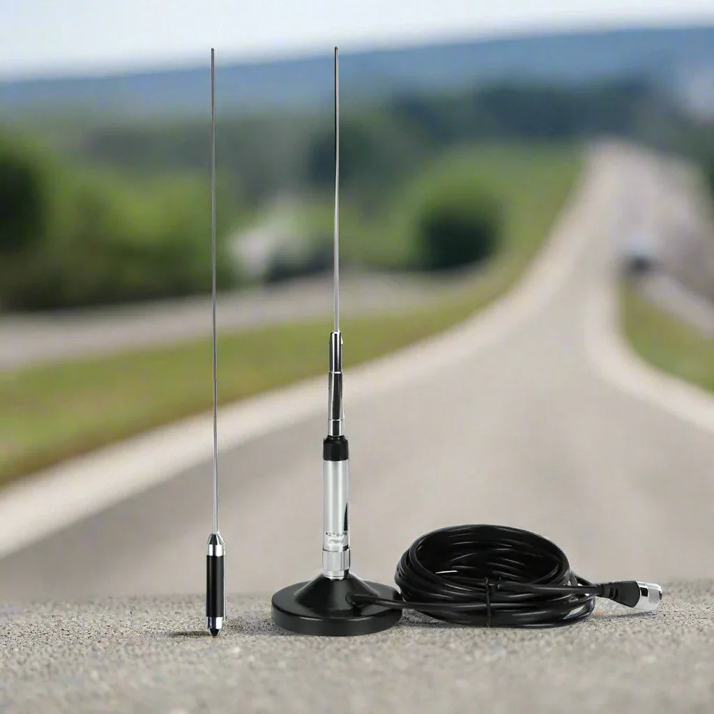 Two CB radio antennas with magnetic base and cable.
