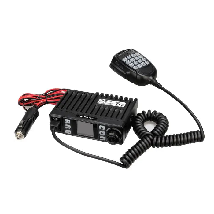 Black mobile two-way radio with microphone.