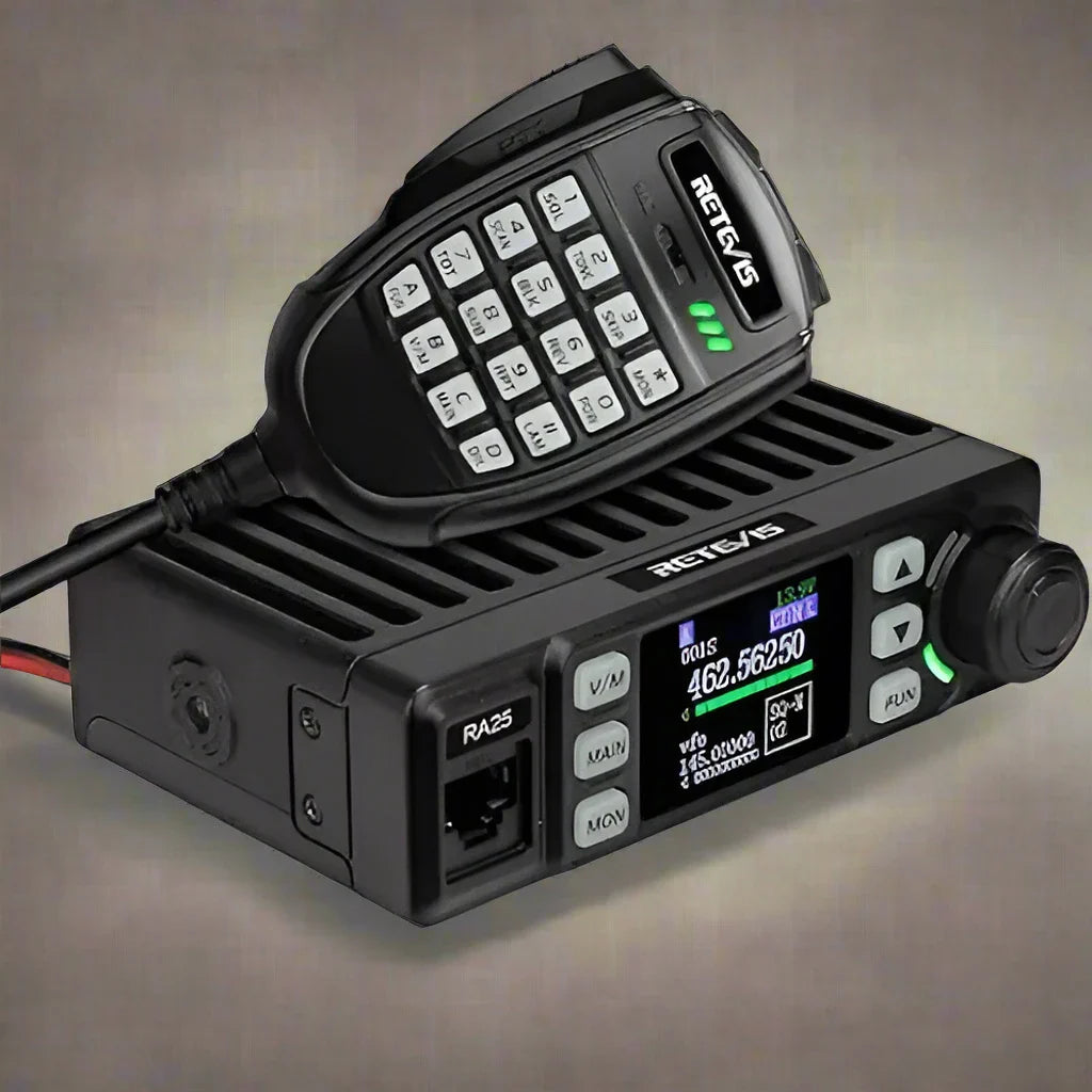 Black two-way radio with microphone.