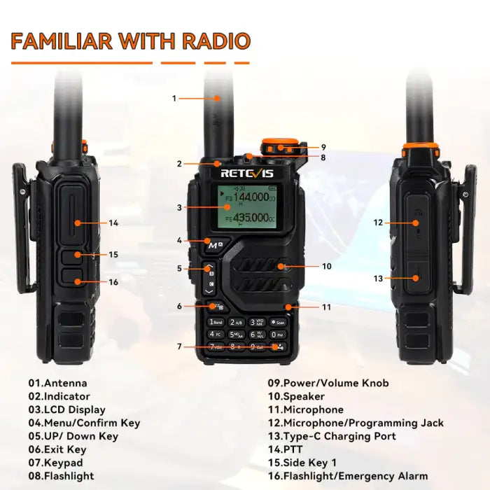 Black and orange two-way radio with labeled features.