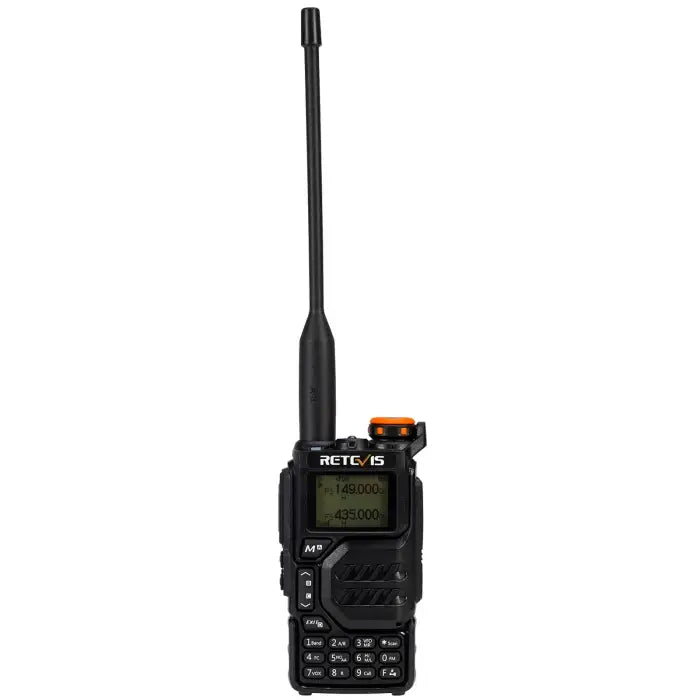 Black two-way radio with antenna.