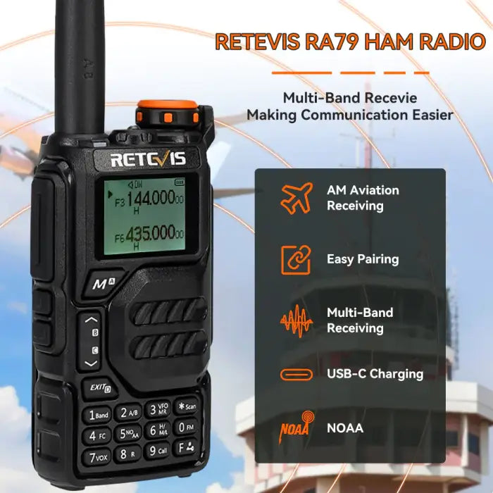 Black handheld ham radio.