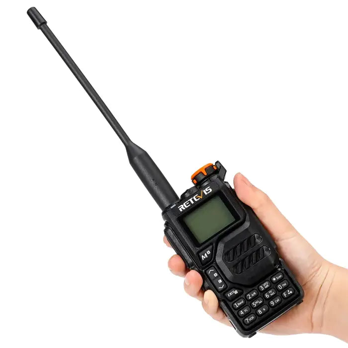Black handheld two-way radio.