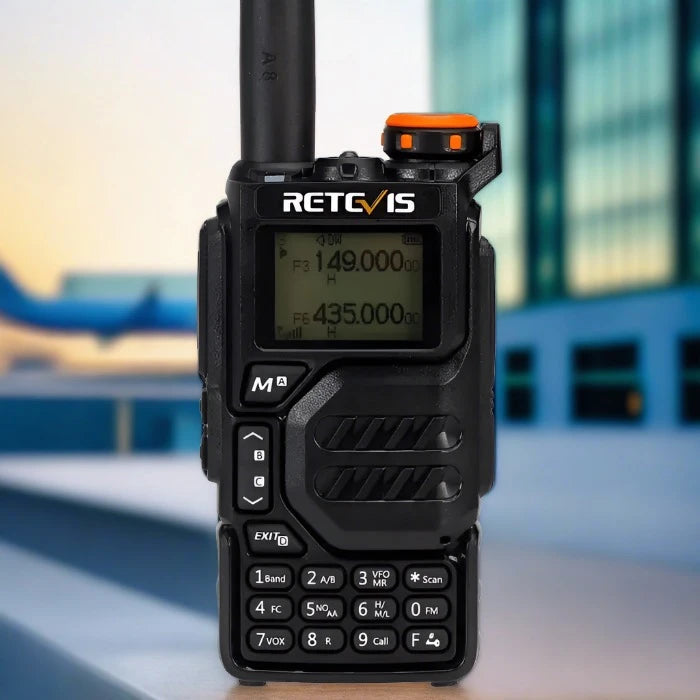 Black handheld two-way radio.