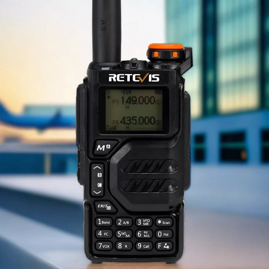 Black handheld two-way radio.