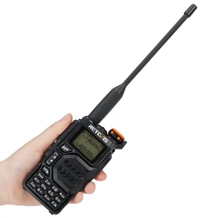 Black handheld two-way radio.