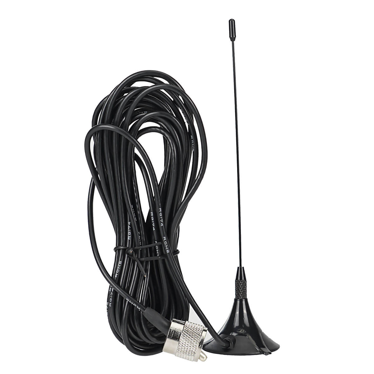 Black magnetic mount antenna with coaxial cable.