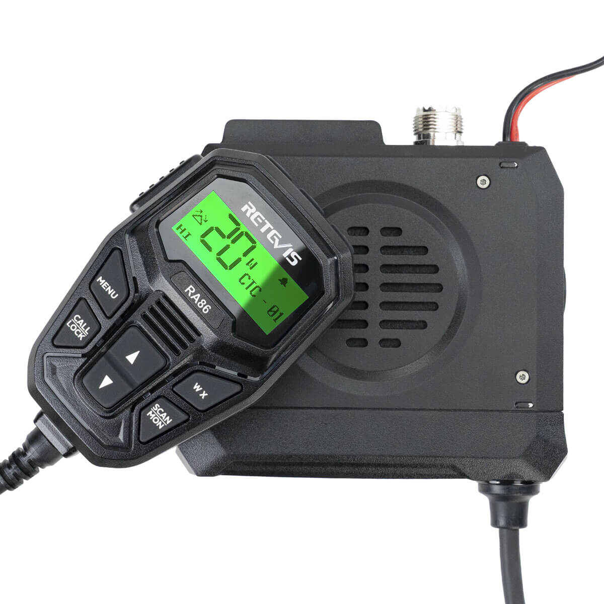 Black two-way radio with microphone.