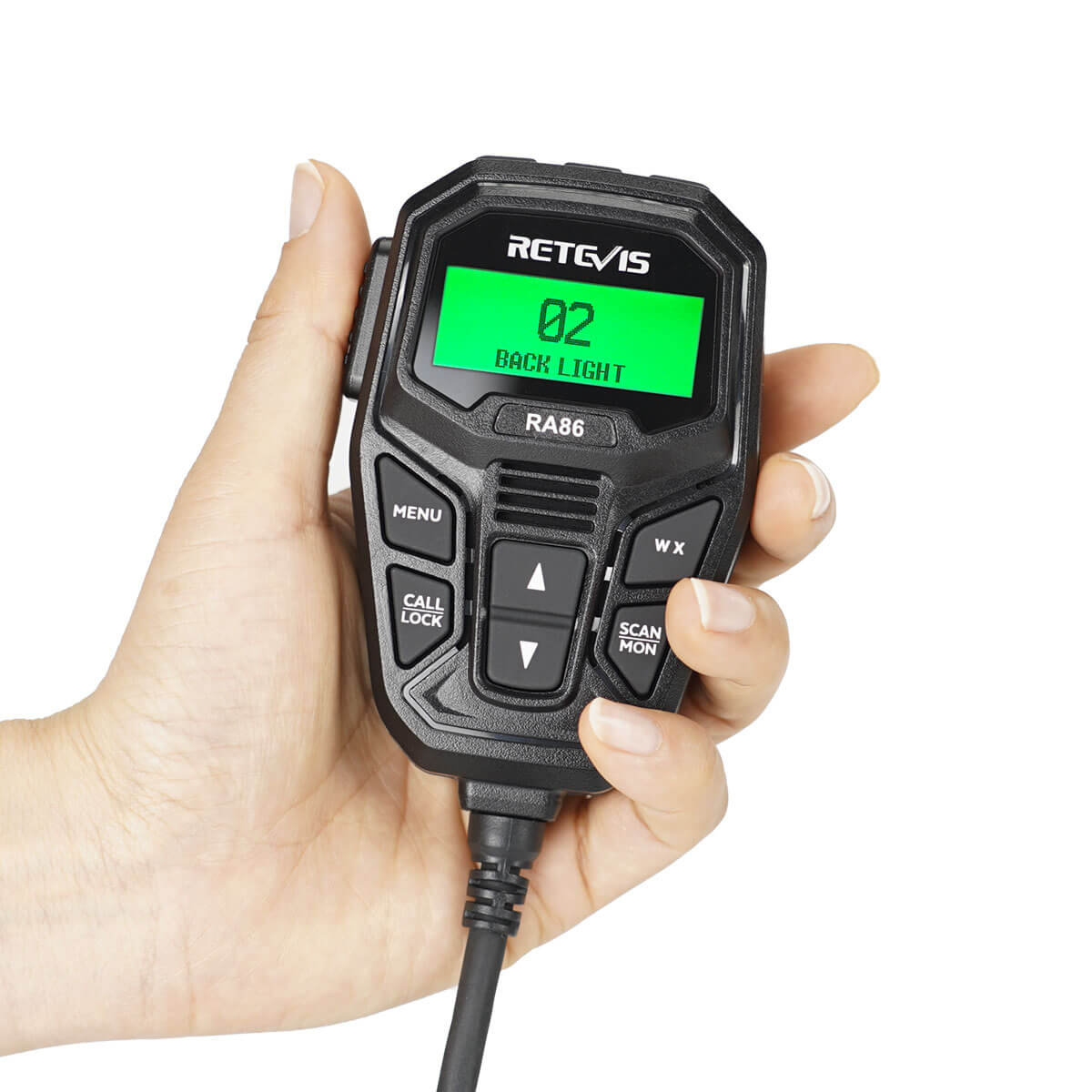 Handheld black radio microphone.
