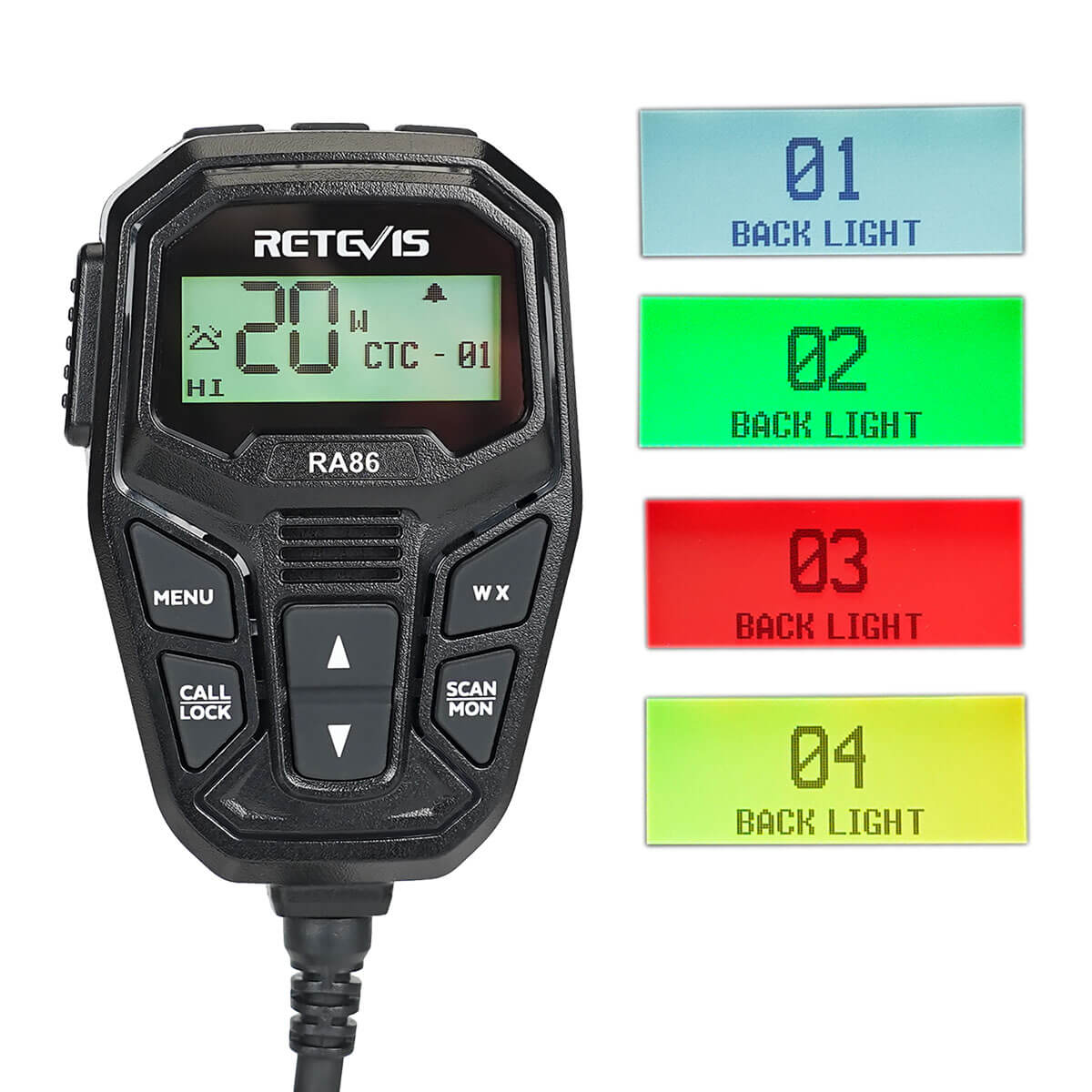 Black handheld radio microphone with colored backlight options.
