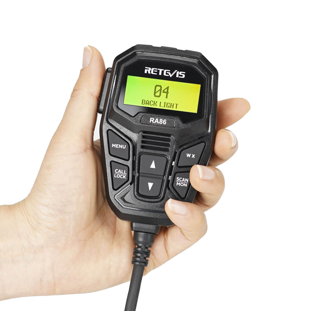 Handheld black two-way radio microphone.