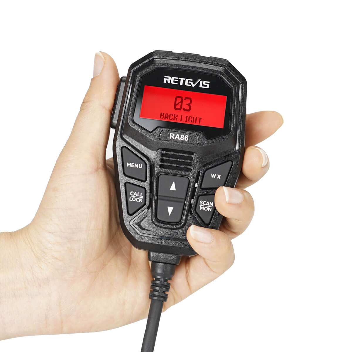 Black handheld radio microphone.