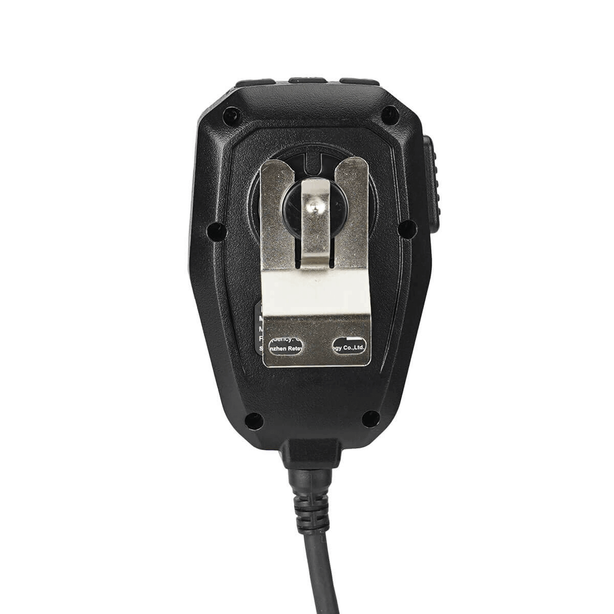 Black handheld microphone with metal clip.