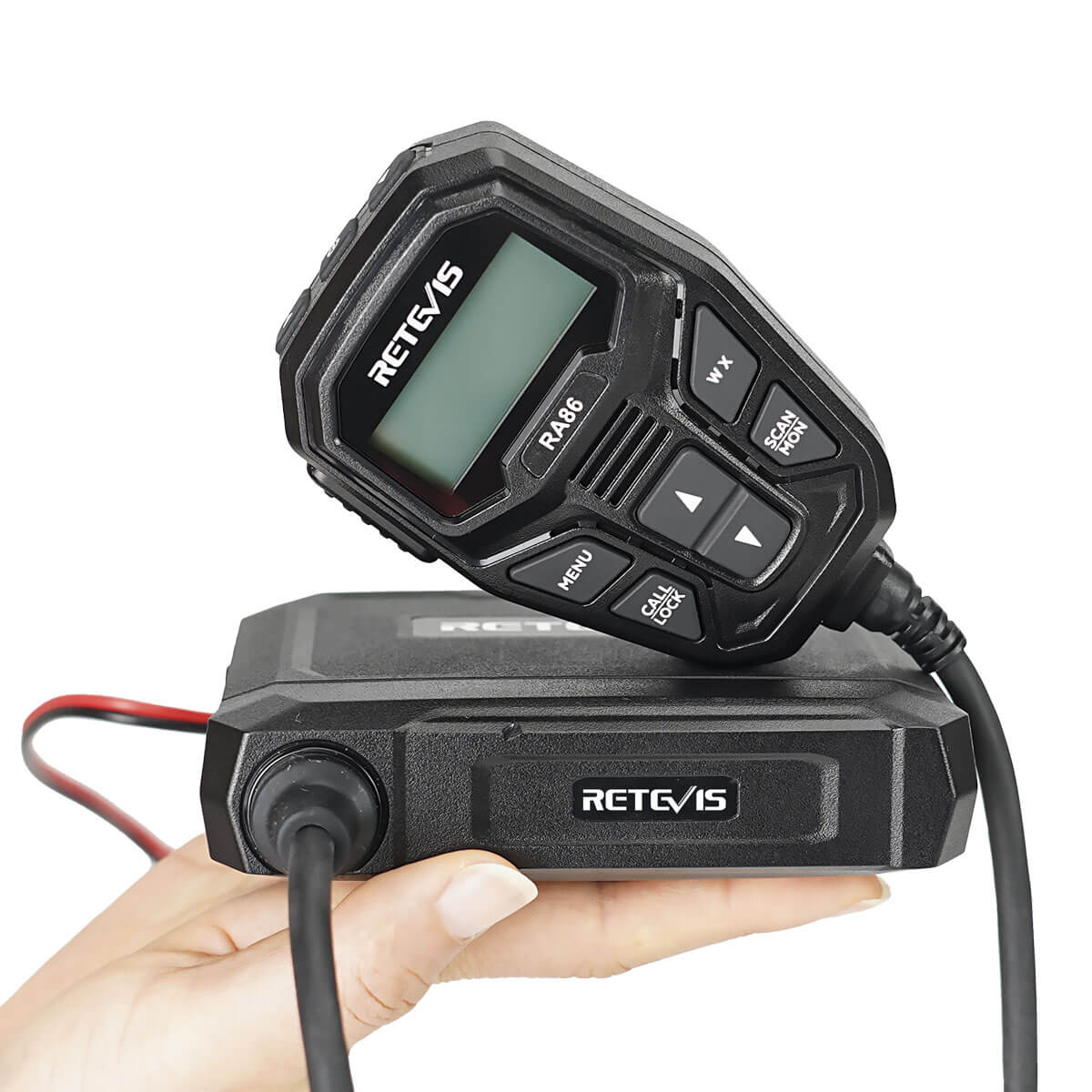 Black two-way radio with microphone.