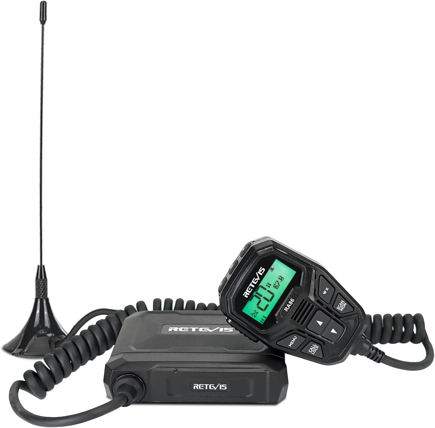 Black two-way radio with antenna.
