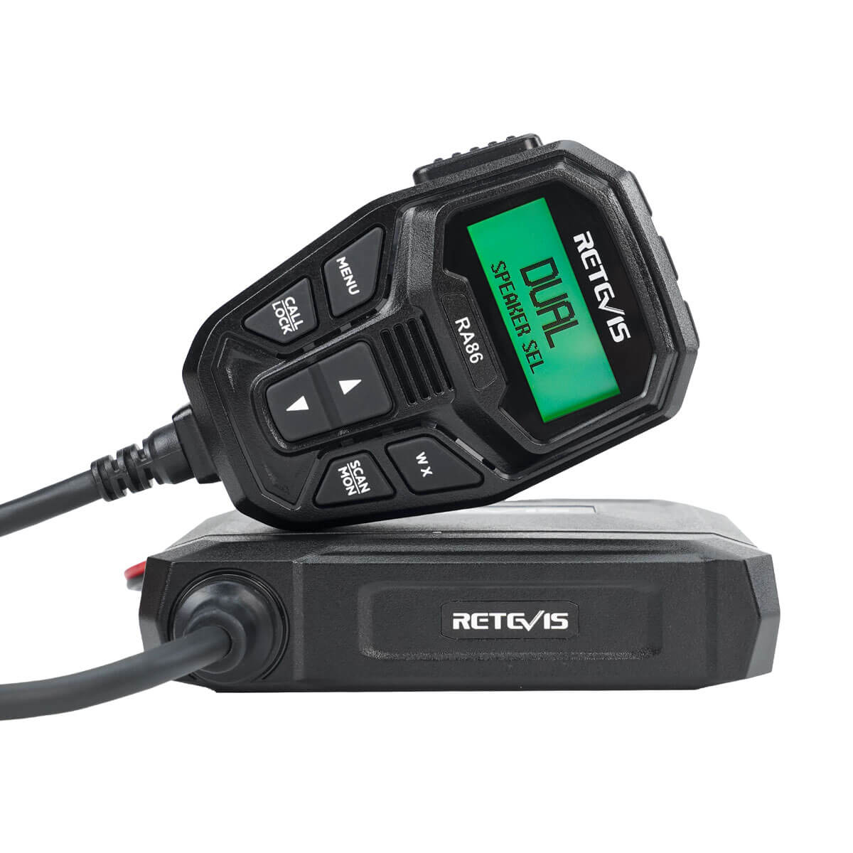 Black two-way radio with microphone.