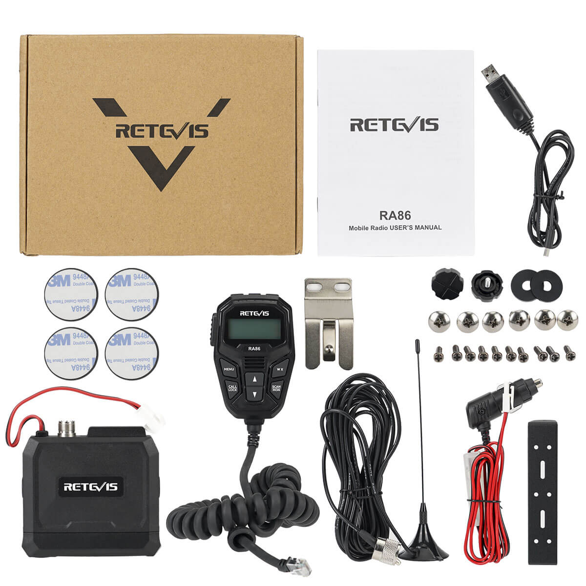 Retevis RA86 mobile radio and accessories.