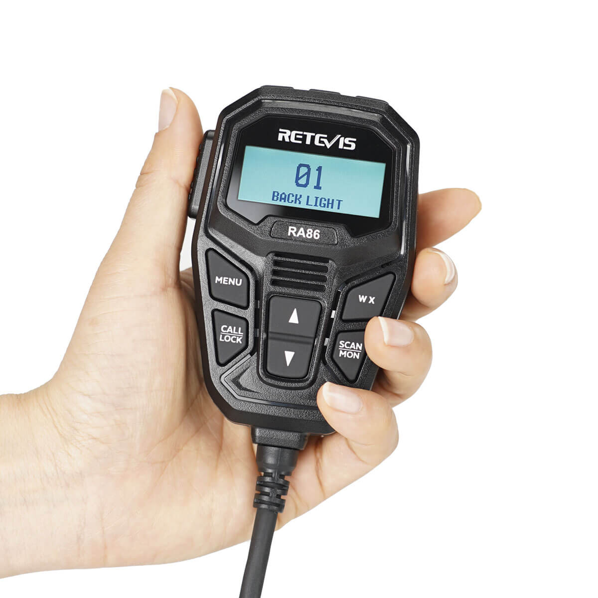 Black handheld two-way radio.
