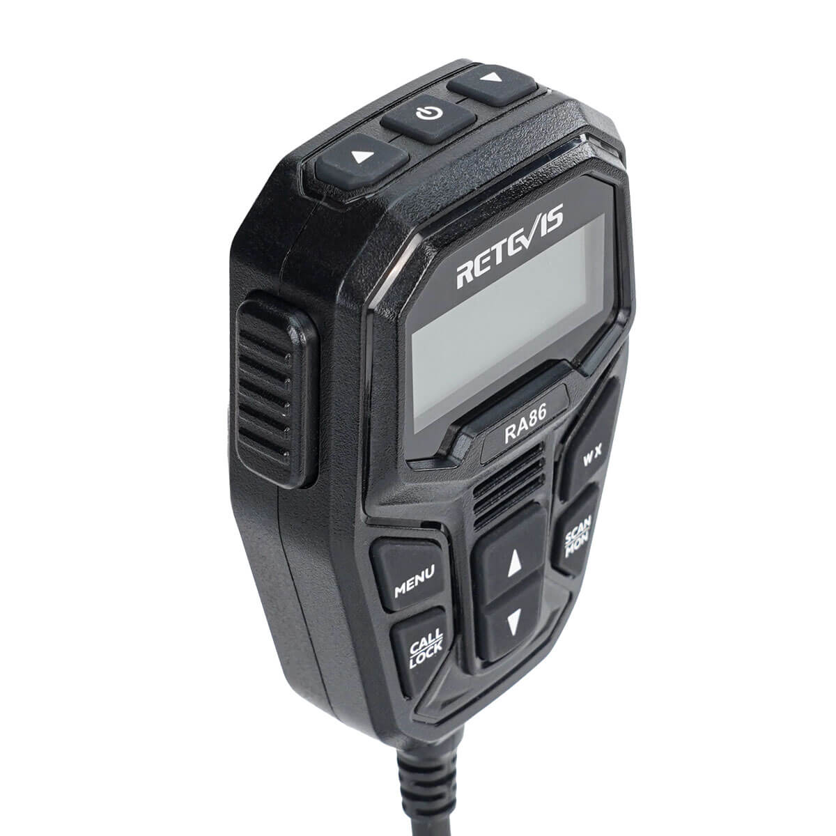 Black handheld two-way radio microphone.