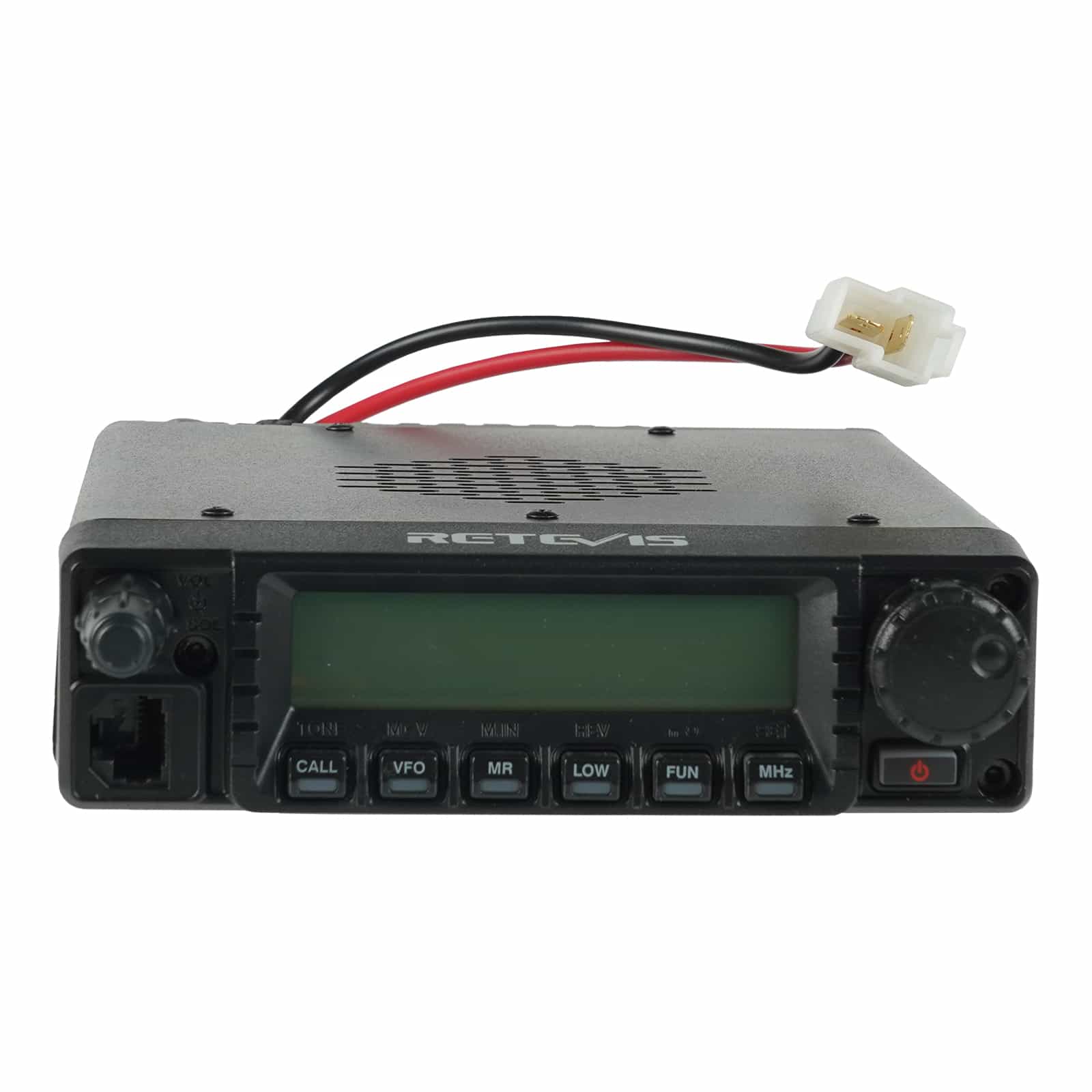 Black mobile two-way radio with power cable.