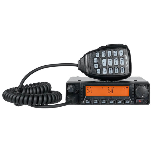 Black two-way radio with microphone.