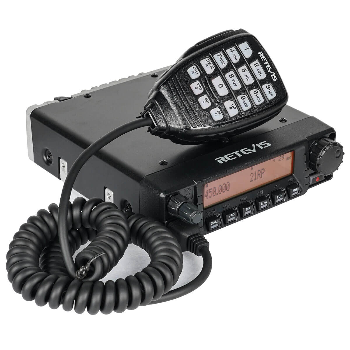 Black two-way radio with microphone.